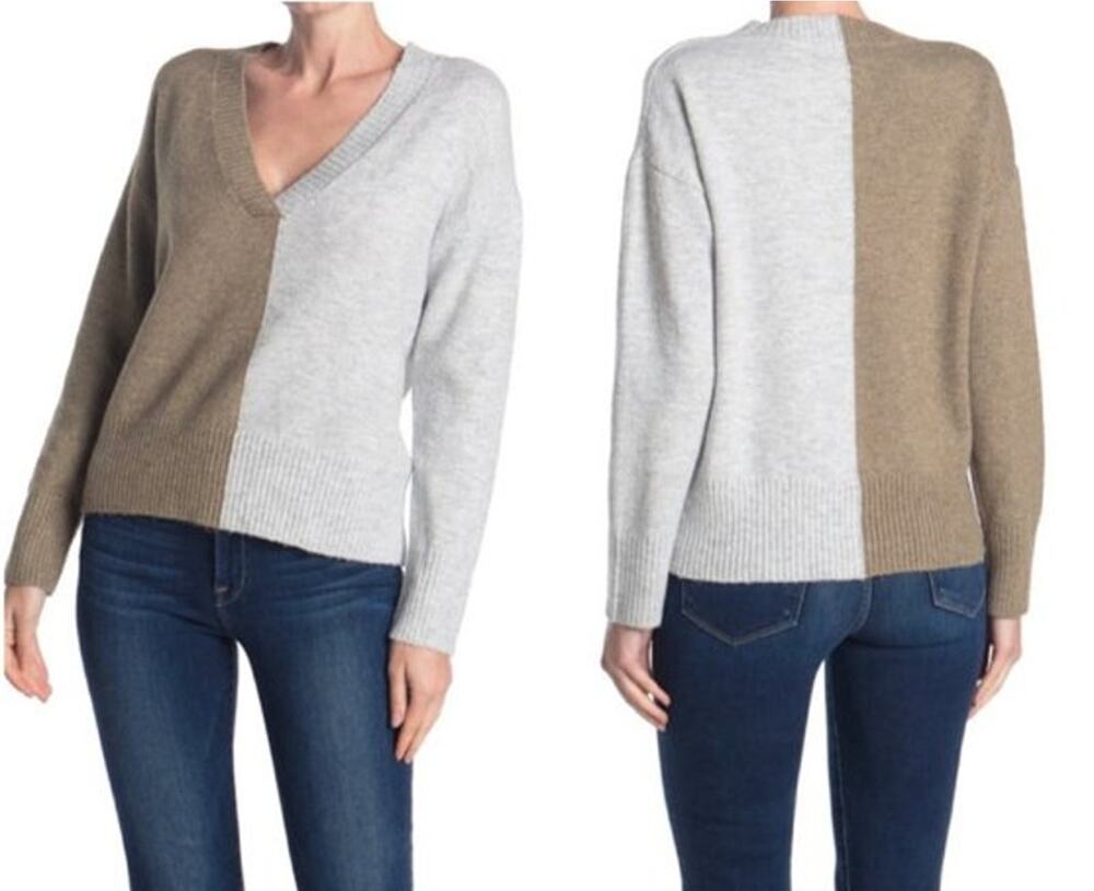 Sweet Romeo Womens Colorblock Vneck Sweater Large Tan Gray Nordstrom NWT